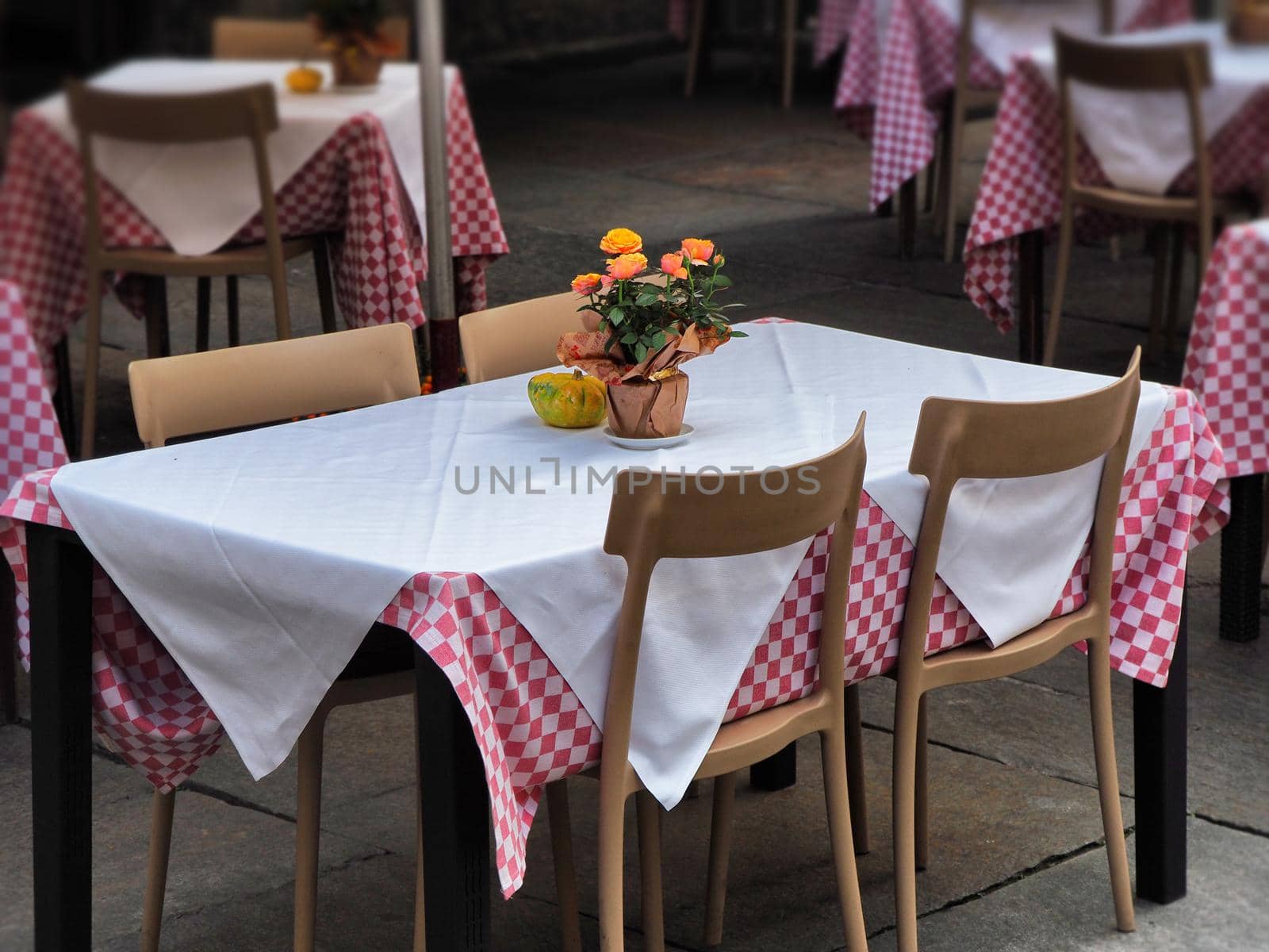 Tables of restaurant terrace deserted after the resurgence of cases of contagion of the pandemic Turin Italy October 16 2020