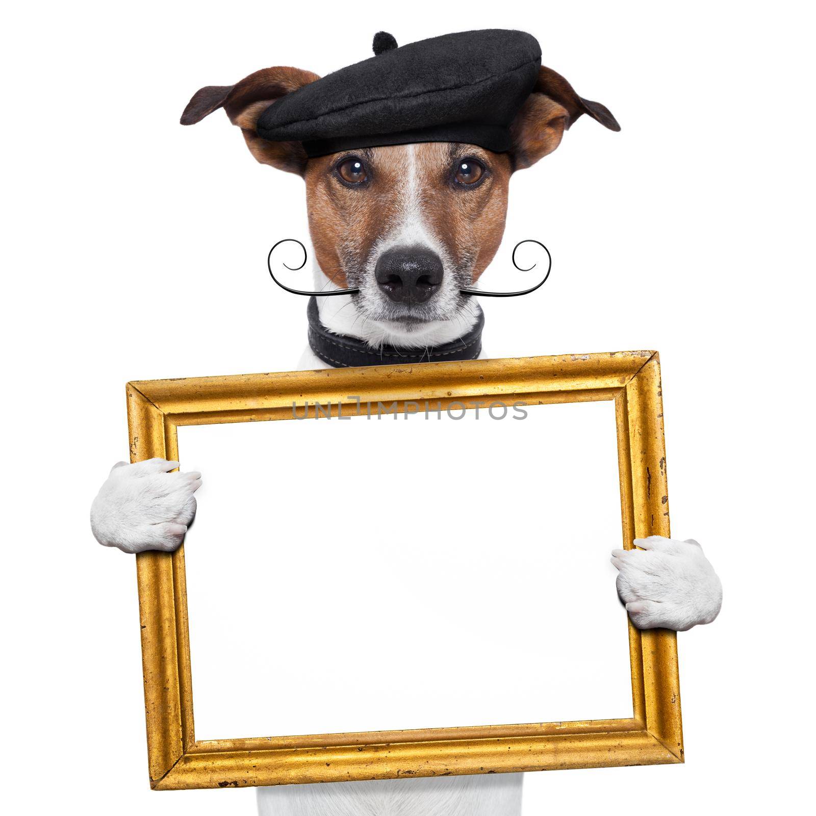 painter artist frame holding dog