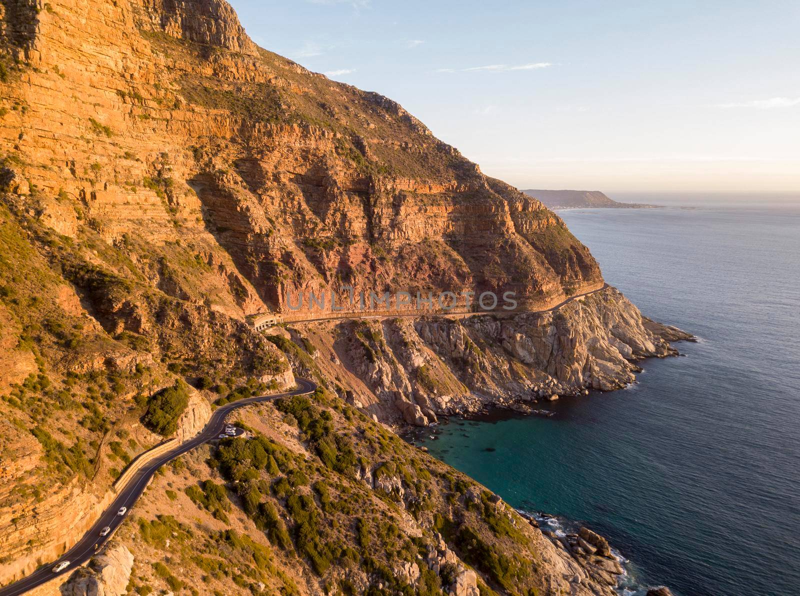 Aerial of winding coastal road, Chapman's Peak Drive, Hout Bay, South Africa