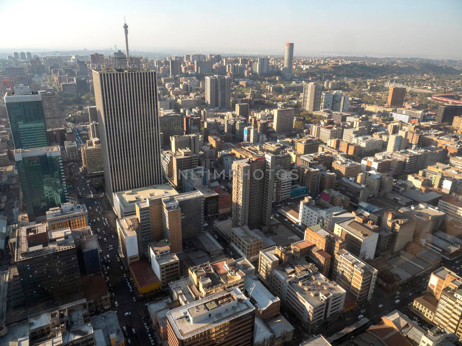 High angle view over Johannesburg city center, South Africa by fivepointsix