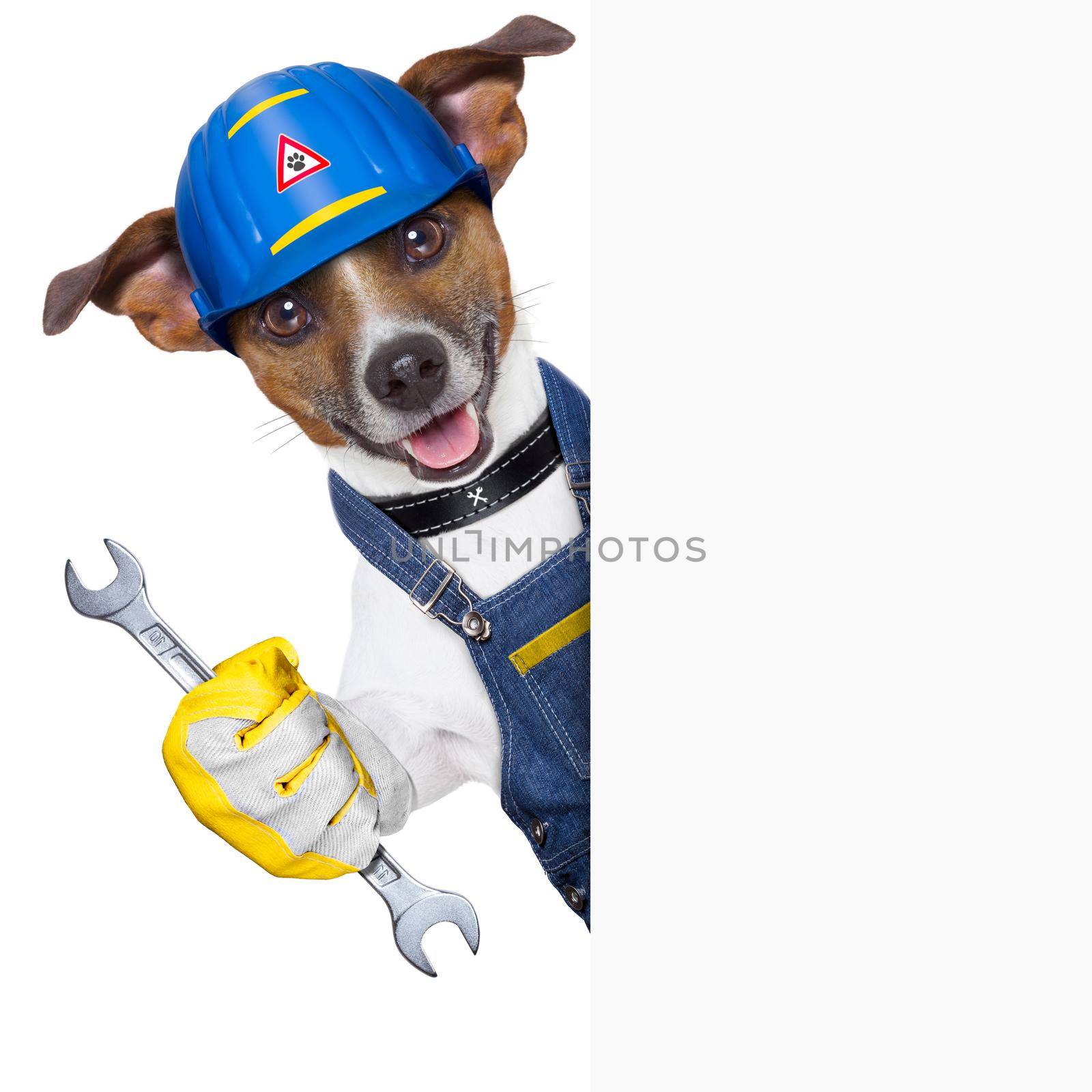 craftsman dog with tool behind a placard