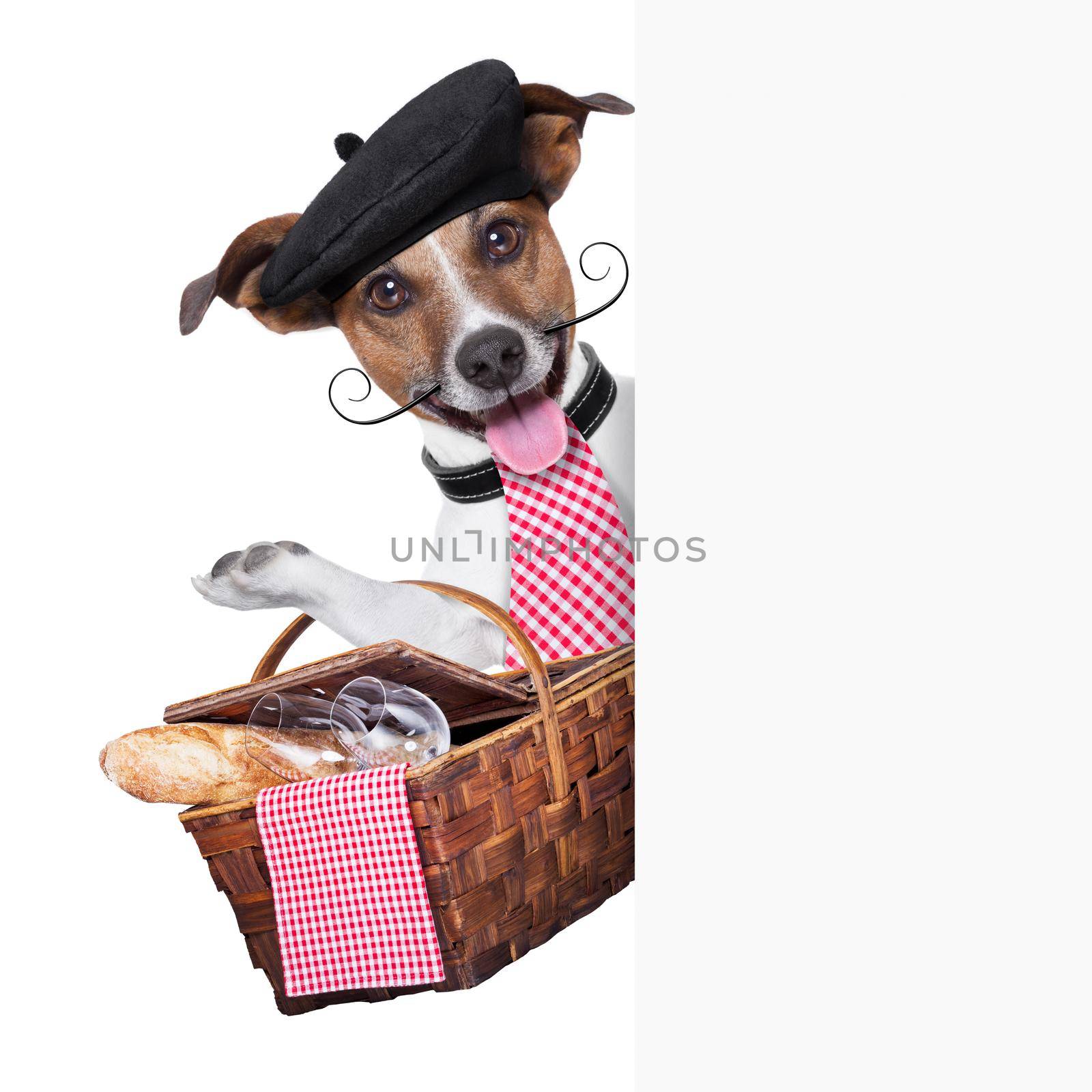french dog with  Picnic basket behind placard