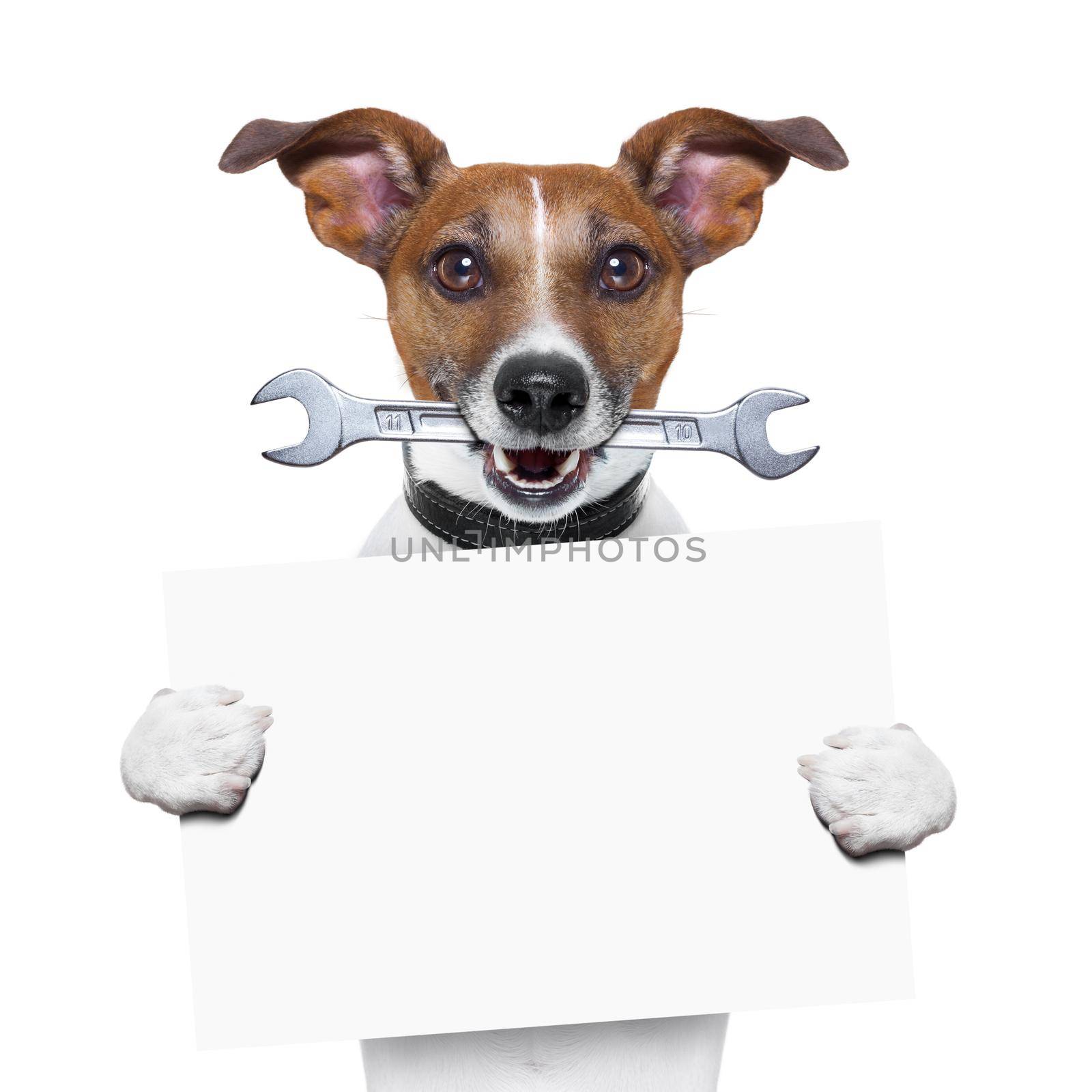 craftsman dog with spanner wrench in mouth holding a blank banner