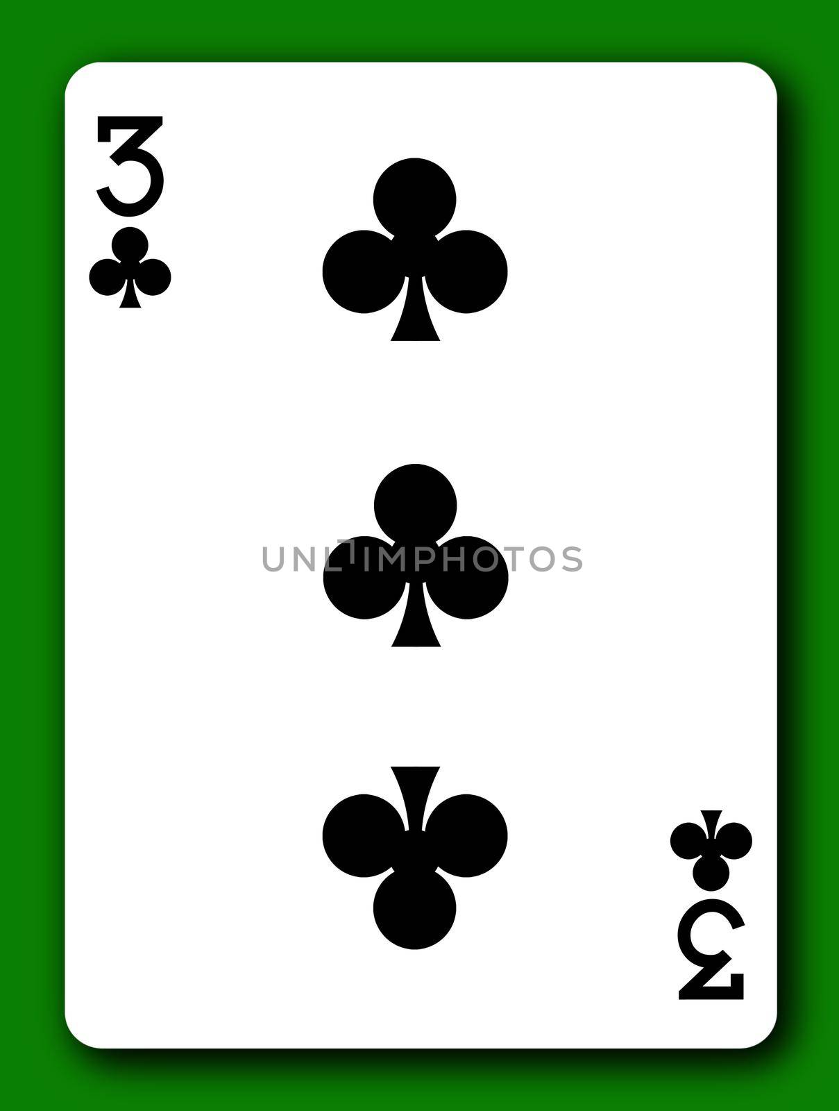 A 3 Three of Clubs playing card with clipping path to remove background and shadow 3d illustration