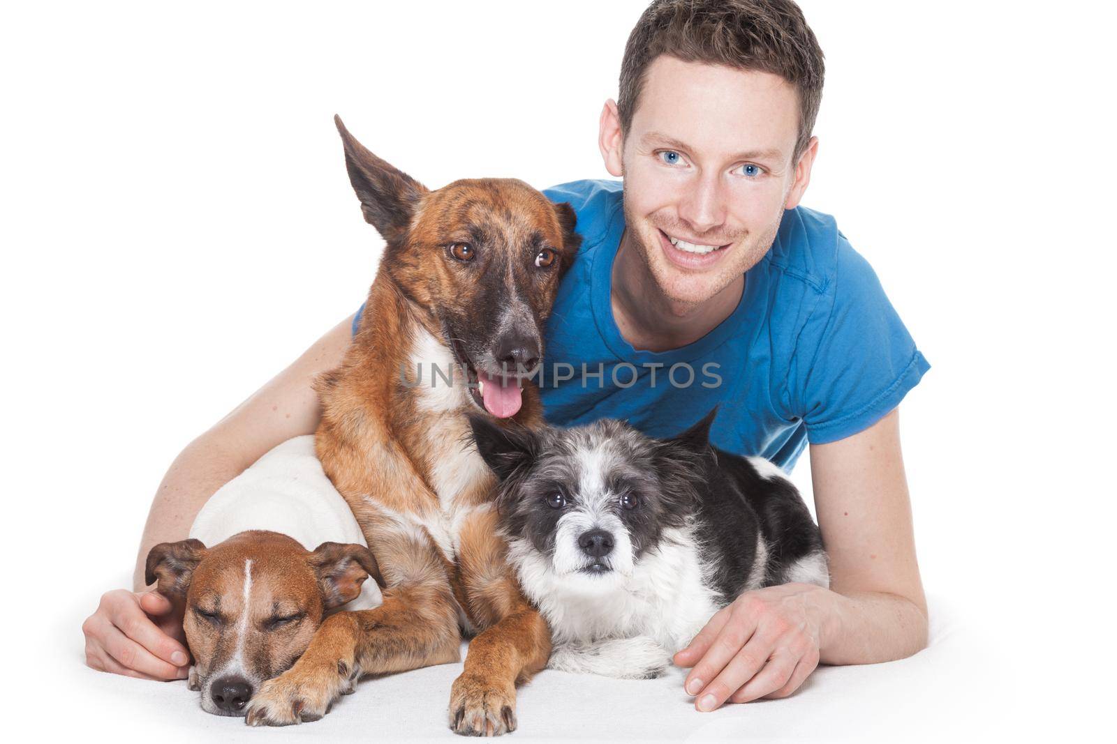 dog owner and three dogs by Brosch