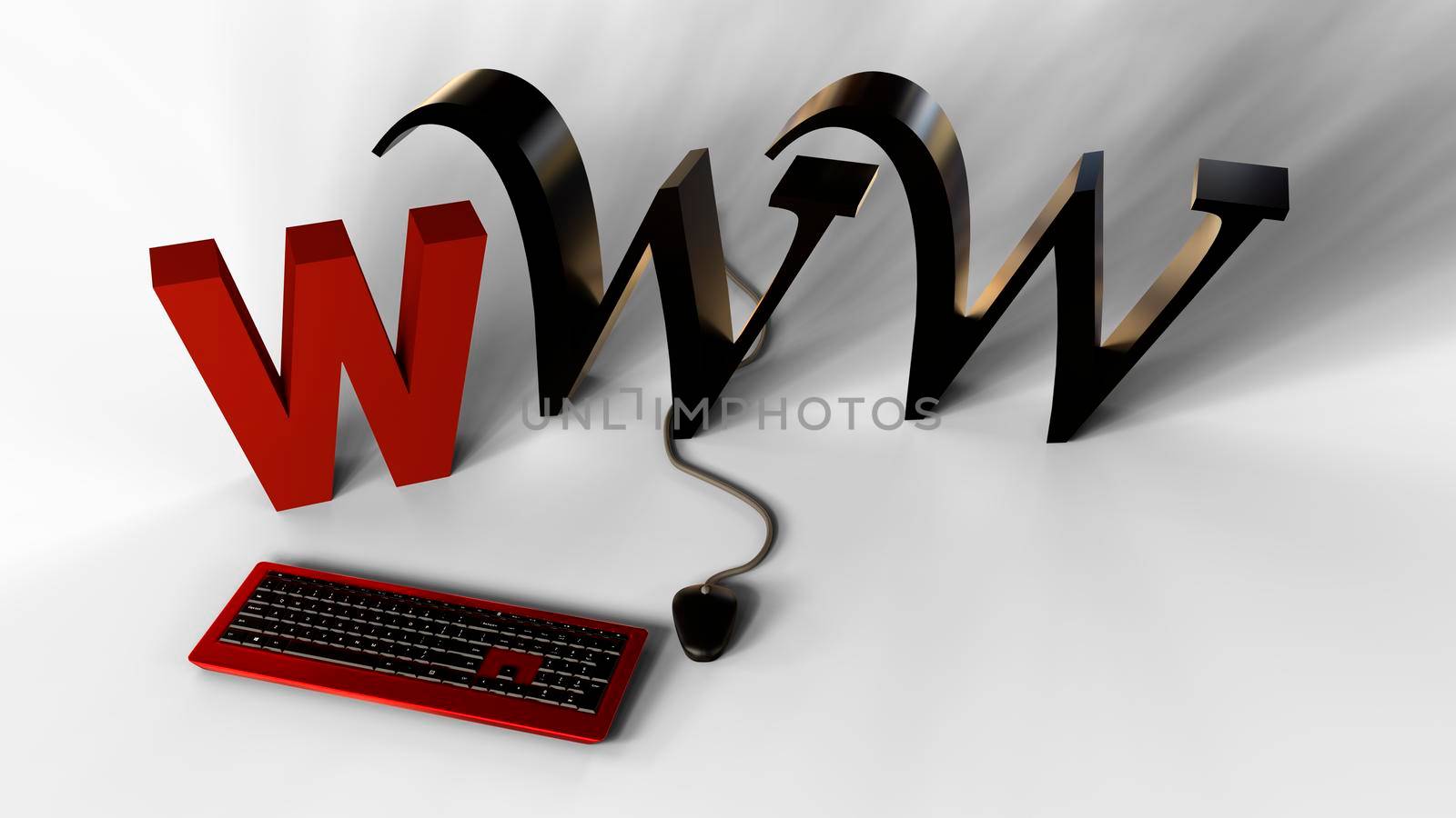 WWW 3d text with mouse and keyboard. Network communication concept. 3d rendering