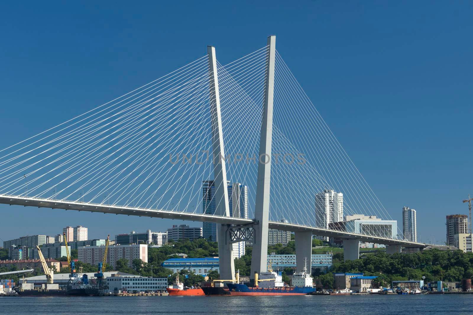 Vladivostok, Russia. Golden bridge on the background of ships and blue sky.