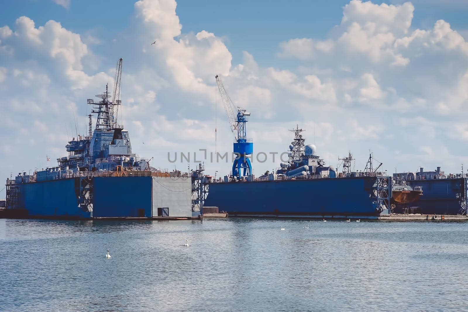 Baltiysk, Russia. Floating ship docks on the background of the sea.