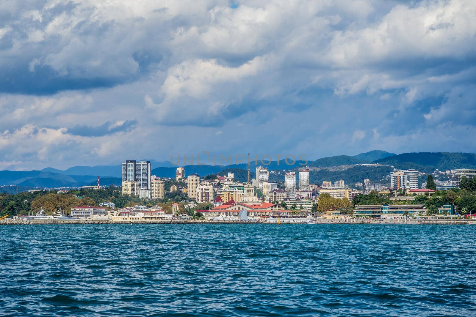Sochi, Russia. Sea view of the resort town with beautiful buildings.