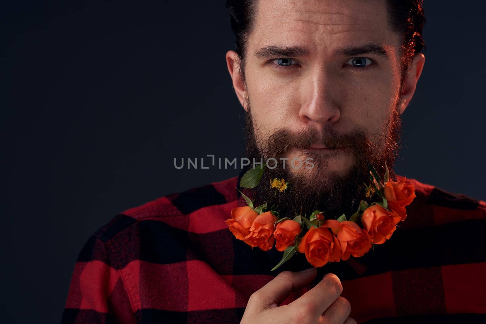 Cute bearded man flowers decoration plaid shirt emotions by SHOTPRIME