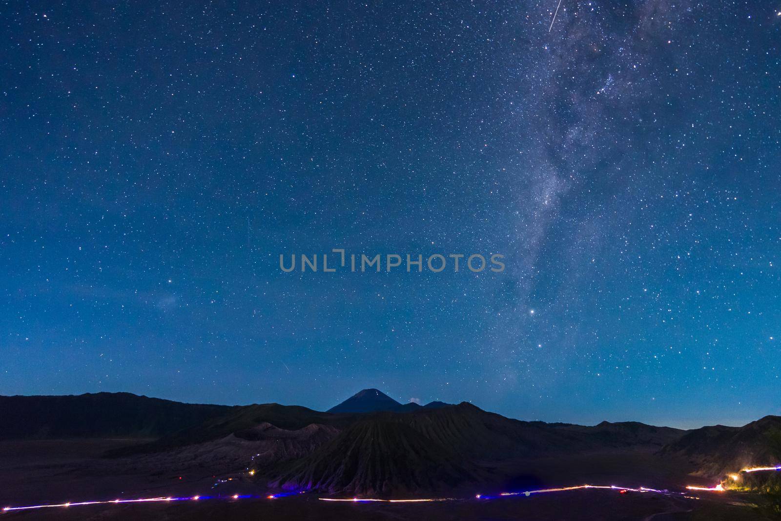 Extreme long exposure image showing star above the Bromo Volcano, Indonesia