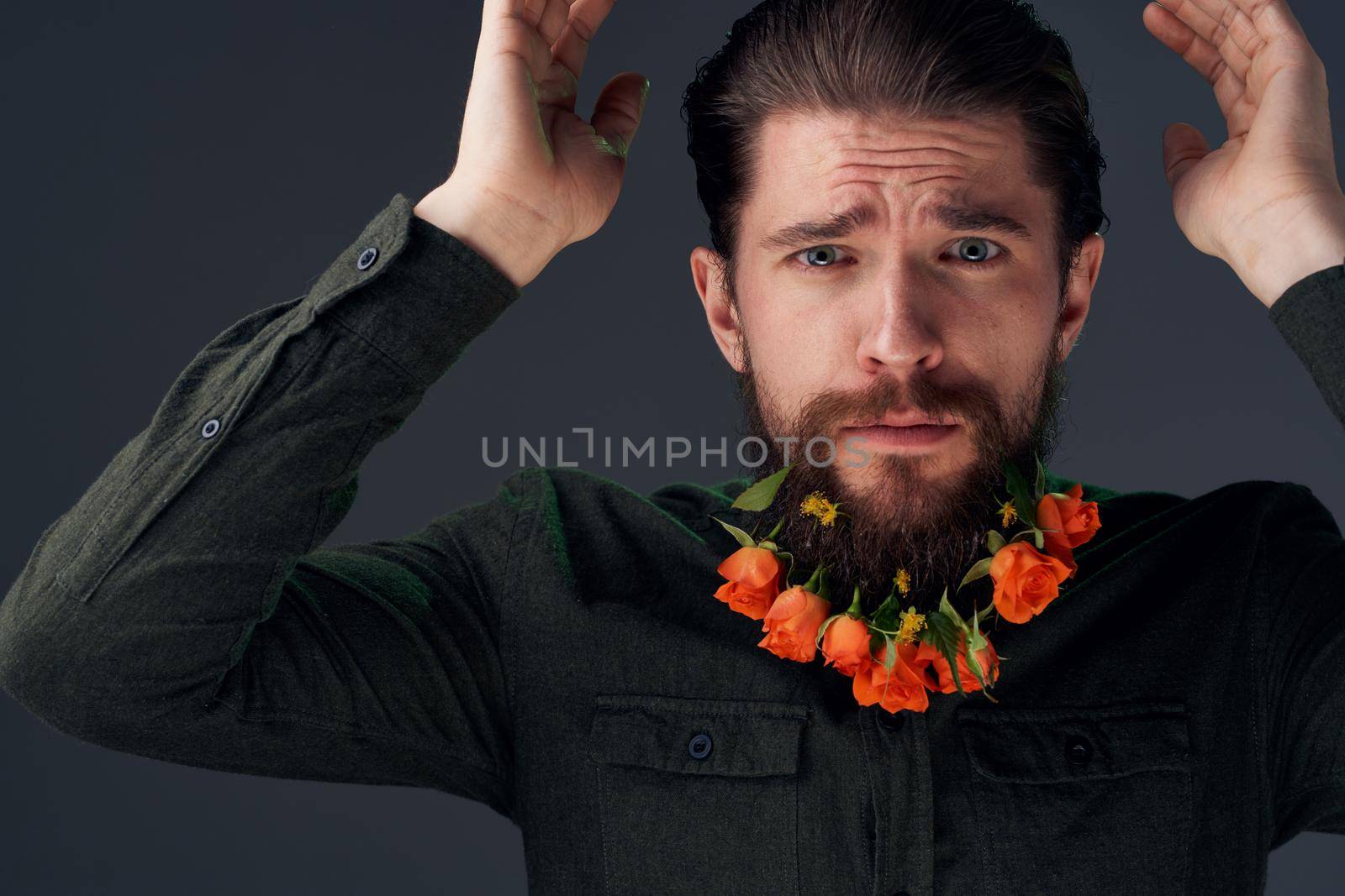 emotional man flowers in a beard gift romance decoration studio by SHOTPRIME