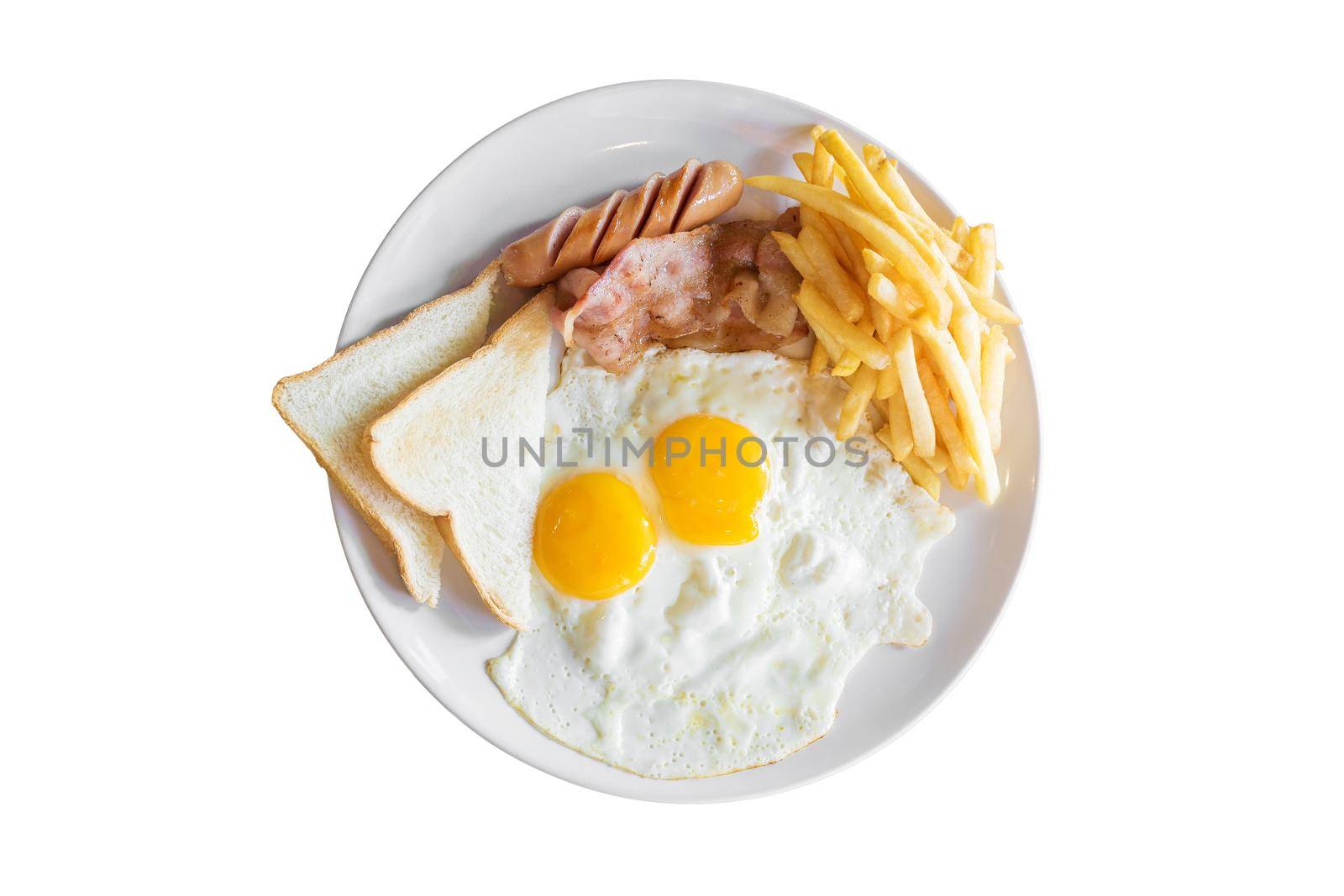 Top view of american breakfast with scrambled eggs,bacon,toast,french fries and sausage on a white plate isolated with clipping path on white background. by Nuamfolio