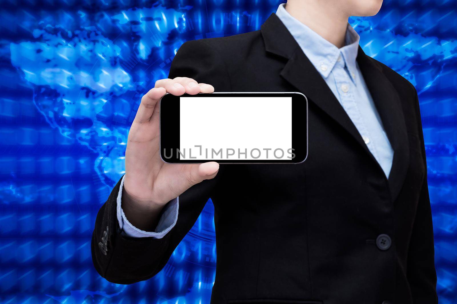Business woman showing smartphone with white screen and copy space on global internet connecting background. Elegant design for business and smart technology of internet of thing concept.