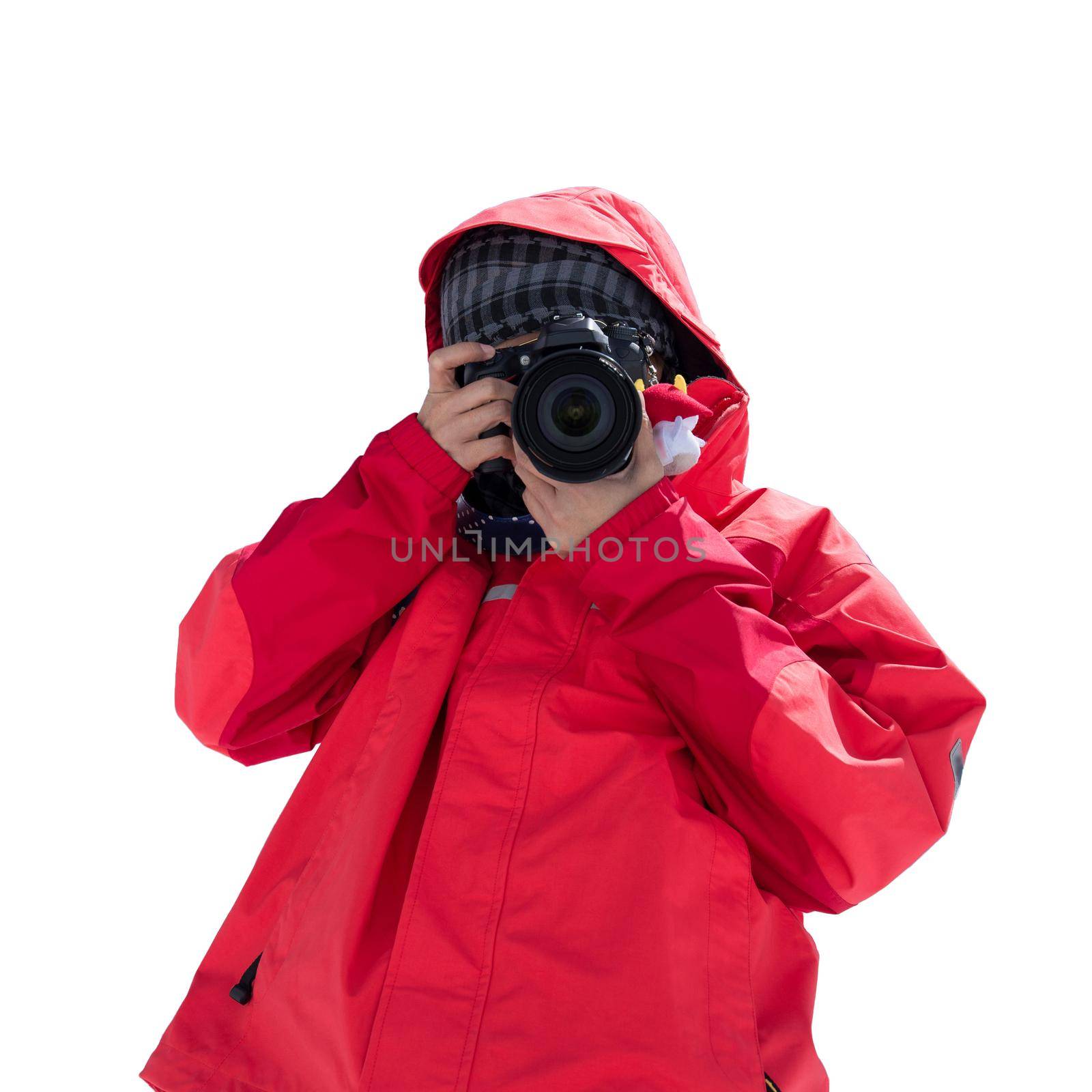 Photographer with a DSLR camera isolated on with background with clipping path for travel and photographer concept. by Nuamfolio