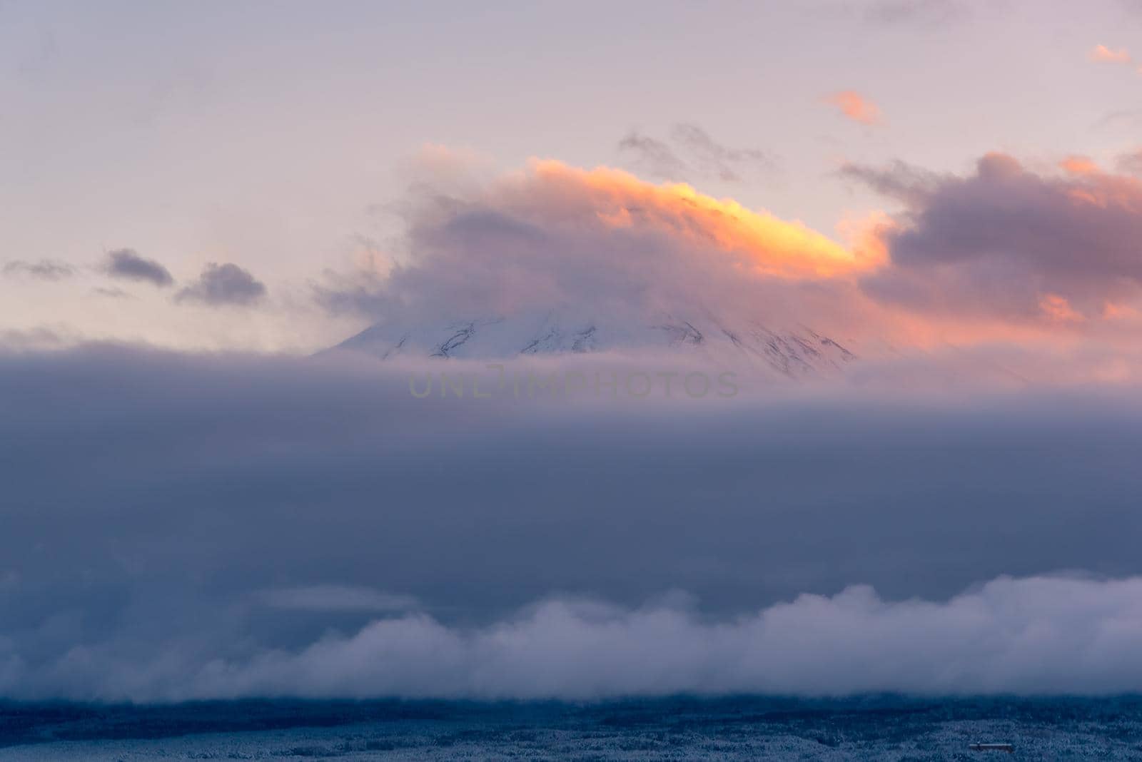 Beautiful natural landscape view of Mount Fuji at Kawaguchiko during sunset in winter season at Japan. Mount Fuji is a Special Place of Scenic Beauty and one of Japan's Historic Sites