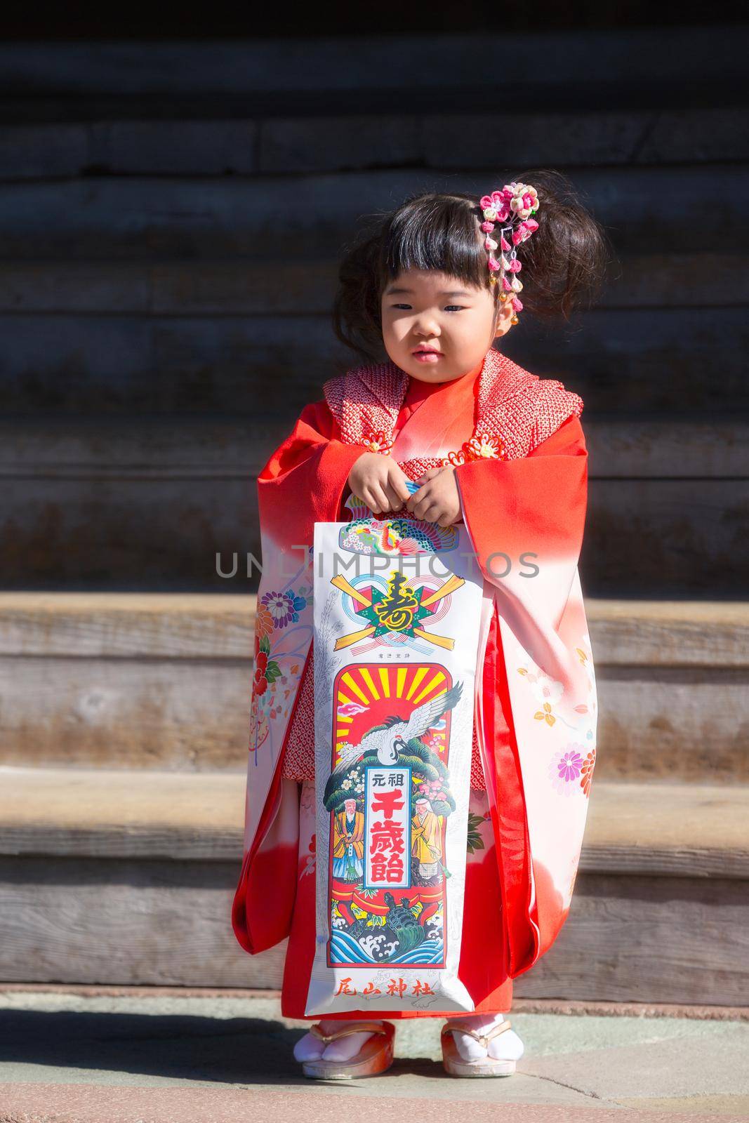 Kanazawa, Japan - November 15, 2018: Japanese girl with gift posing during Shichi-Go-San day at Oyama Jinja Shrine. Shichi-Go-Sun is annual festival day in Japan for 3, 5 and 7 years old children.
