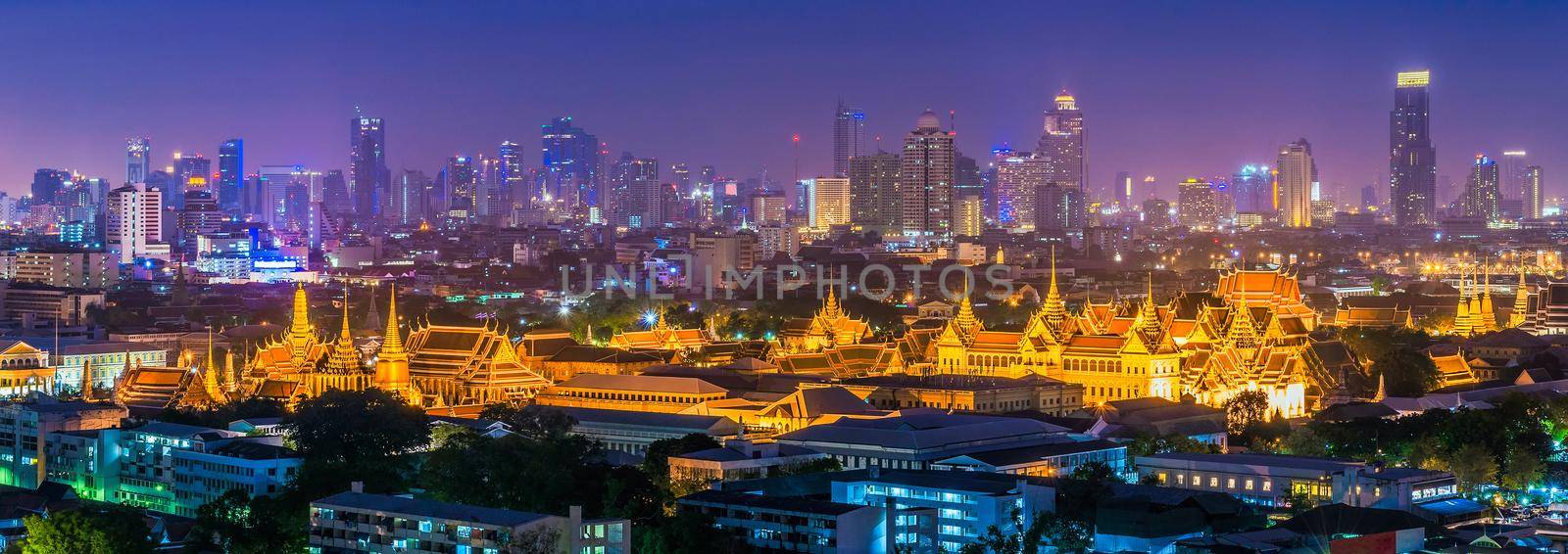 Panorama view of Grand palace and Wat phra keaw or Emerald Buddha temple with Bangkok downtown building in background in Bangkok,Thailand by Nuamfolio
