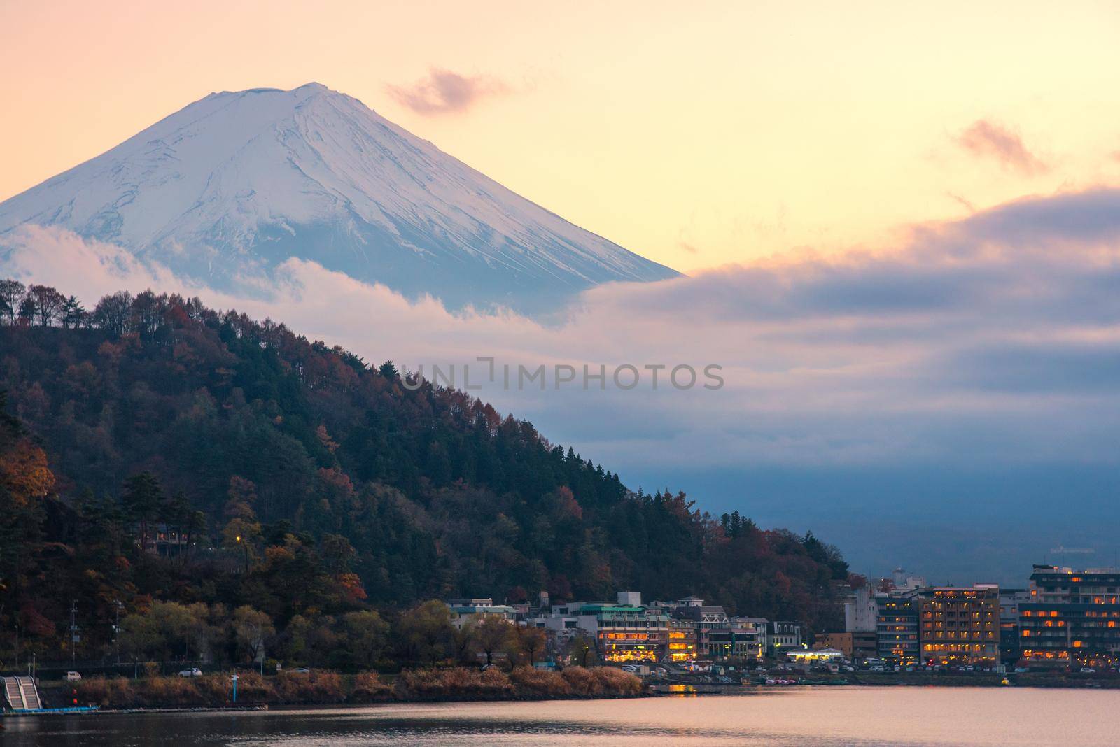 Beautiful natural landscape view of Mount Fuji at Kawaguchiko during sunset in autumn season at Japan. Mount Fuji is a Special Place of Scenic Beauty and one of Japan's Historic Sites by Nuamfolio