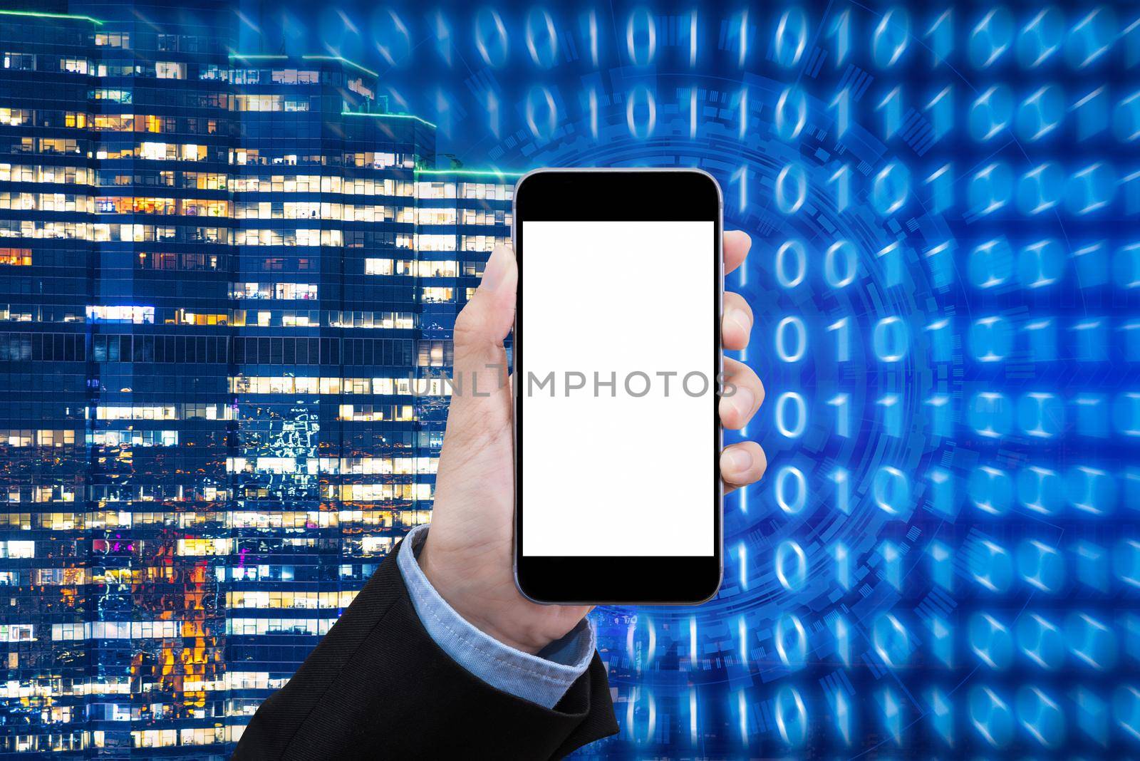 Business woman showing mobile phone with blank white screen on Technology background for smart city with internet of things technology and big data concept.