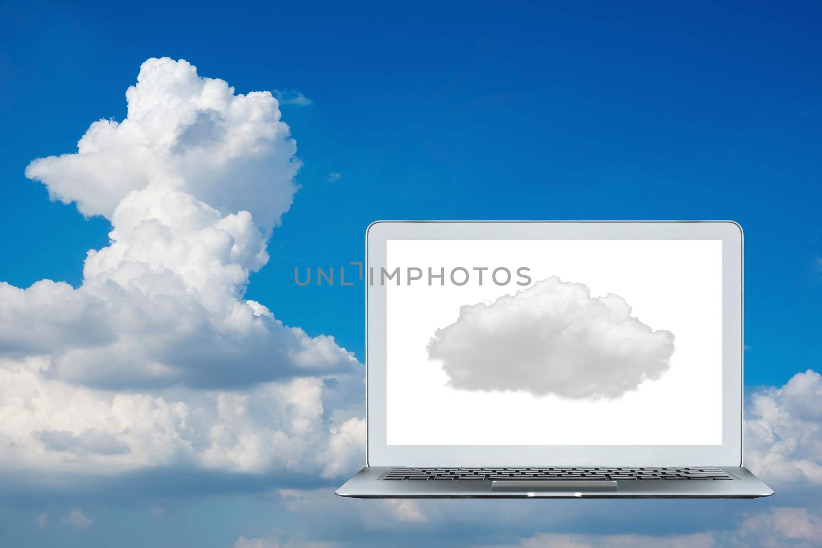 Smart laptop with cloud computing background on screen for internet of things technology and smart city concept.