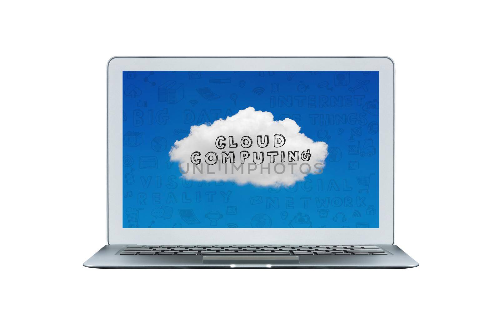 Smart laptop with cloud computing background on screen for internet of things technology and smart city concept.