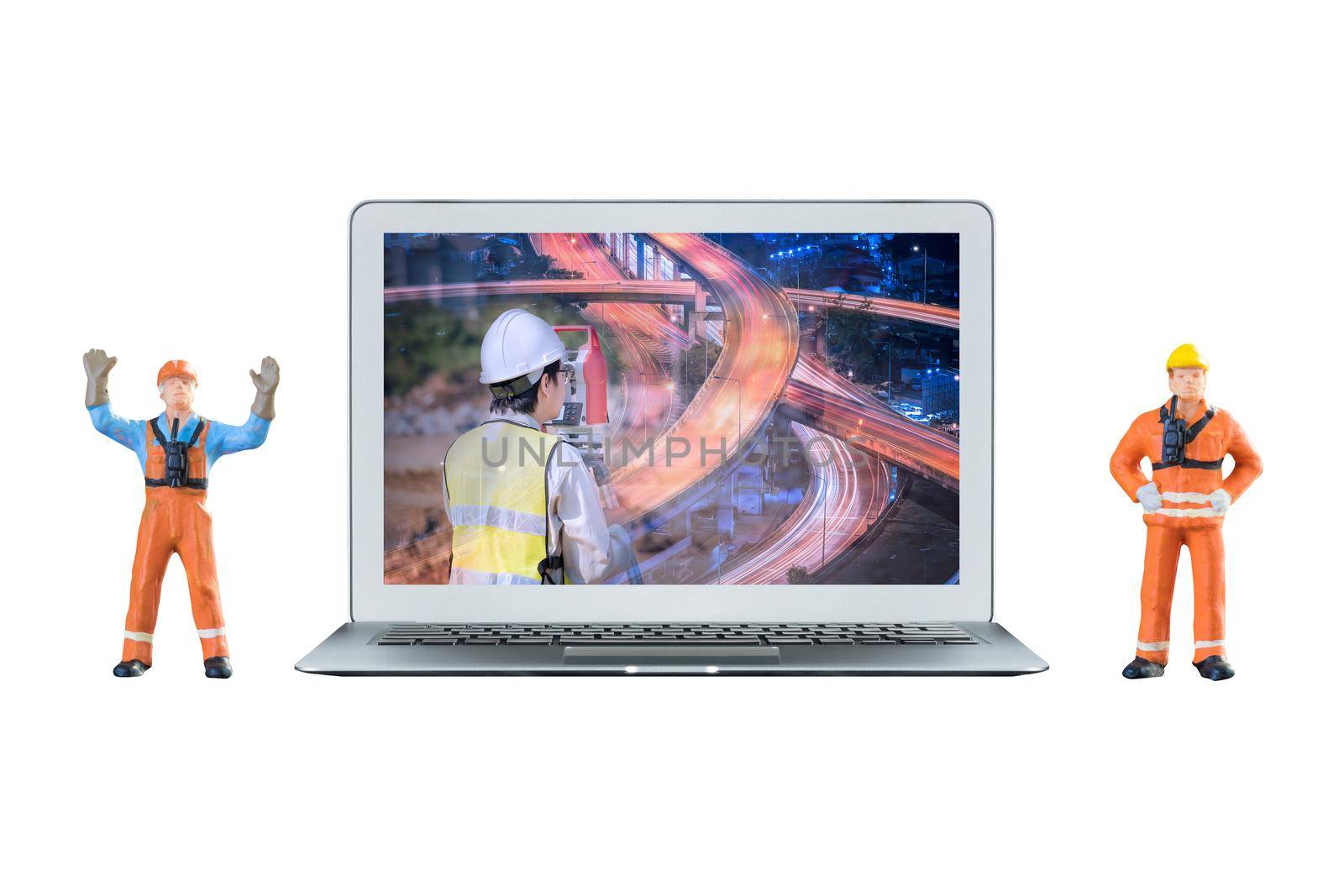 Smart laptop computer is showing construction industry concept on screen and miniature engineering people stand beside the laptop computer.Elegant Design for industry and construction concept.