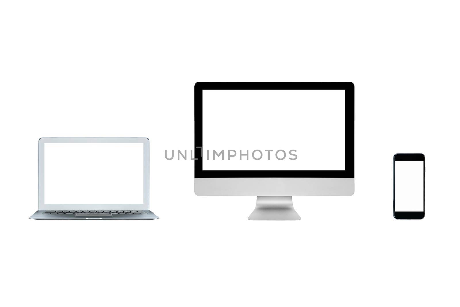 Smart modern computer PC,Laptop and smartphone with blank screen isolated on white background.Photo design for smart technology and internet of things concept.