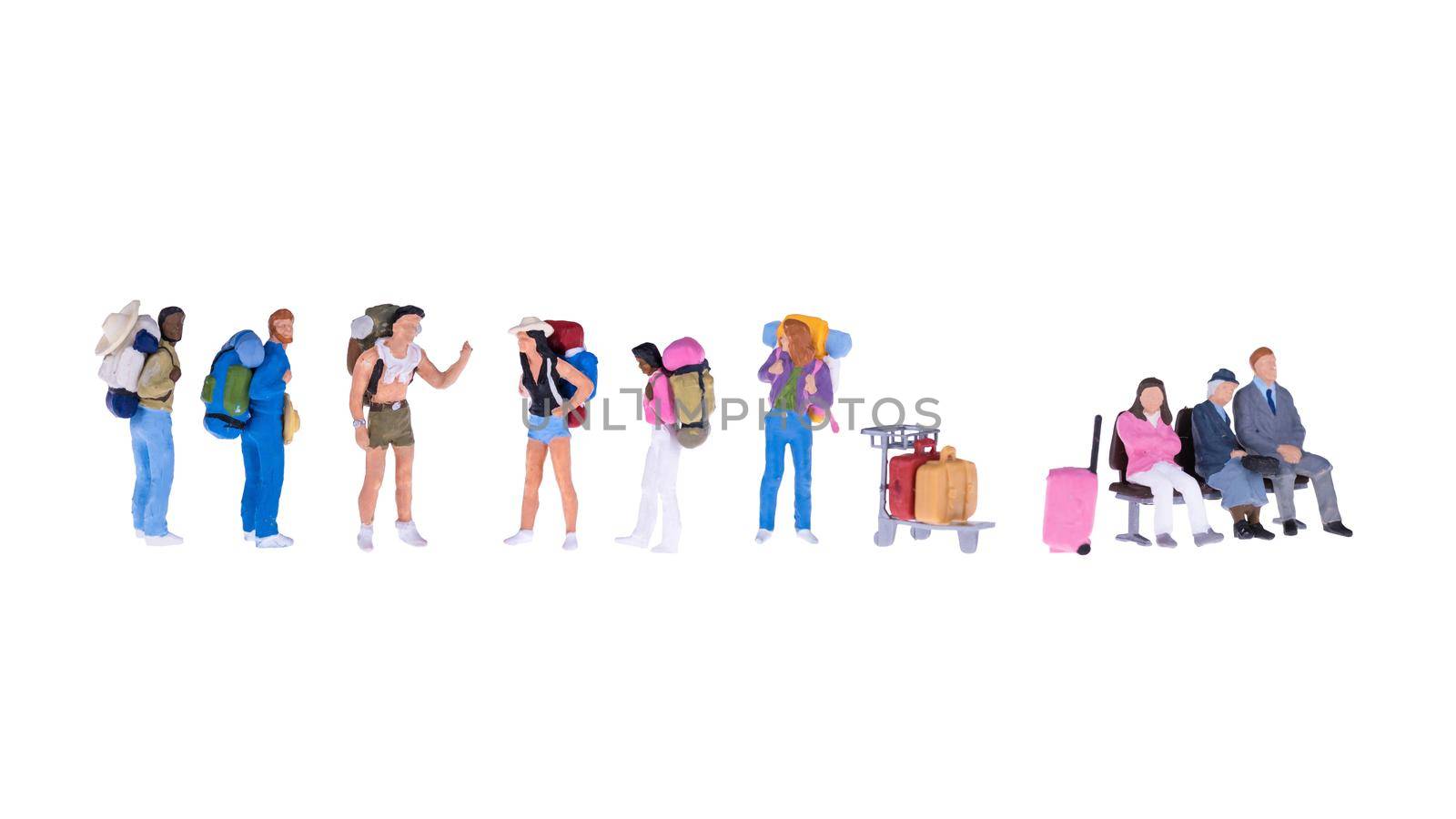 Close up of Miniature backpacker and tourist people isolate on white background. Elegant Design with copy space for placement your text, mock up for travel concept by Nuamfolio