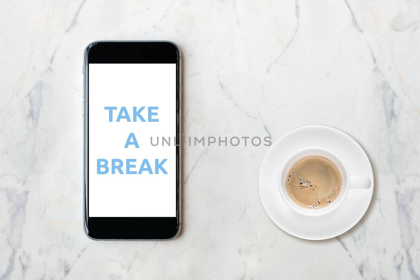 Smartphone with blank white screen and coffee cup on marble table. Elegant Design with Space for placement your background,Template mock up for montage your design and products