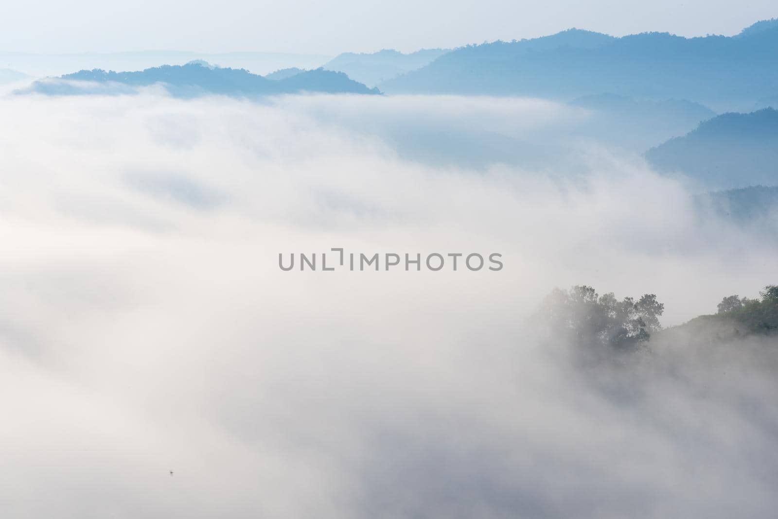 View of amazing mist moving over the nature mountains during sunrise at mountains area in Thailand. by Nuamfolio