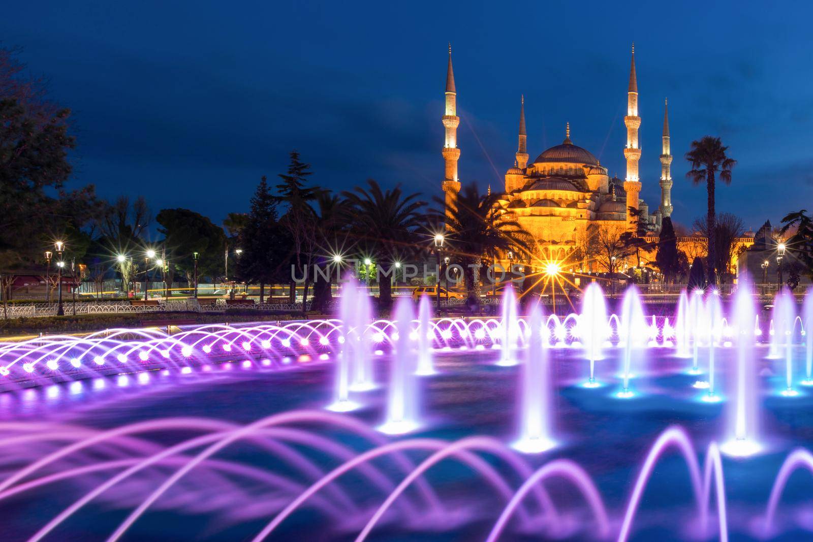 The Blue Mosque at Sultanahmet square in the evening, Istanbul, Turkey. Blue Mosque is the biggest mosque in Istanbul.