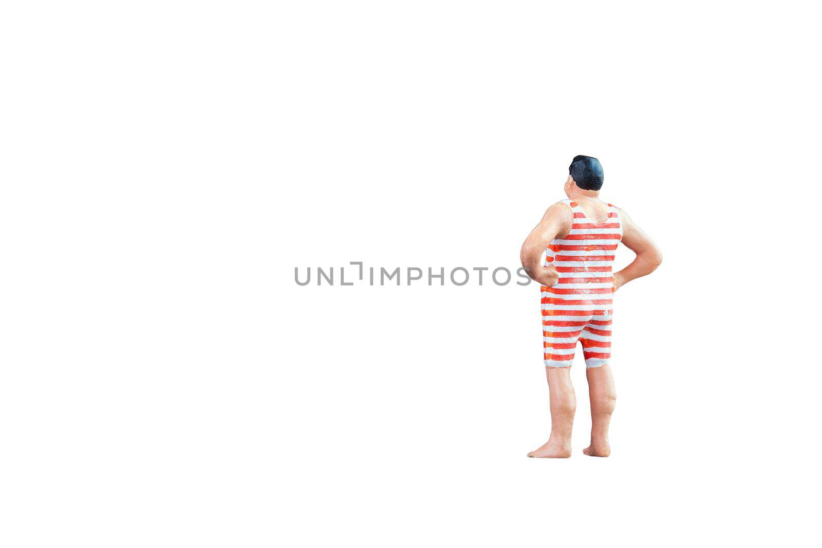 Close up of Miniature fat people isolated with clipping path on white background. Elegant Design with copy space for placement your text, mock up for travel concept.