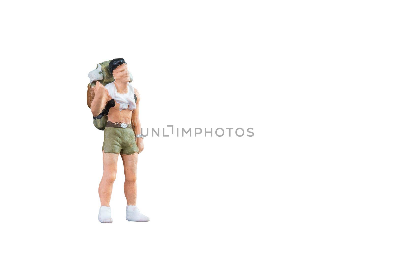 Close up of Miniature backpacker and tourist people isolated with clipping path on white background.Elegant Design with copy space for placement your text, mock up for business and travel concept by Nuamfolio