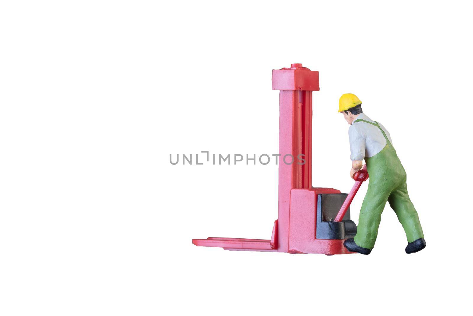 Miniature worker people with lifting tools isolated with clipping paht on white background. Elegant Design with copy space for placement your text, mock up for industrial and logistic concept. by Nuamfolio