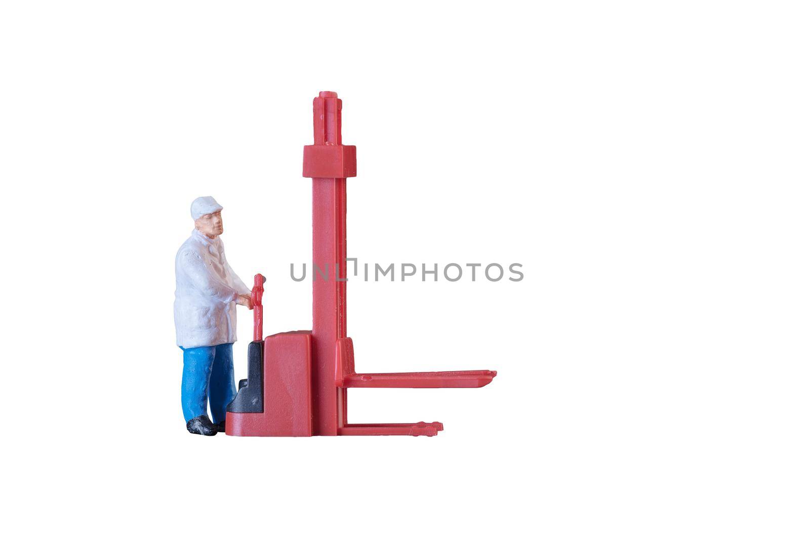 Miniature worker people with lifting tools isolated with clipping paht on white background. Elegant Design with copy space for placement your text, mock up for industrial and logistic concept by Nuamfolio