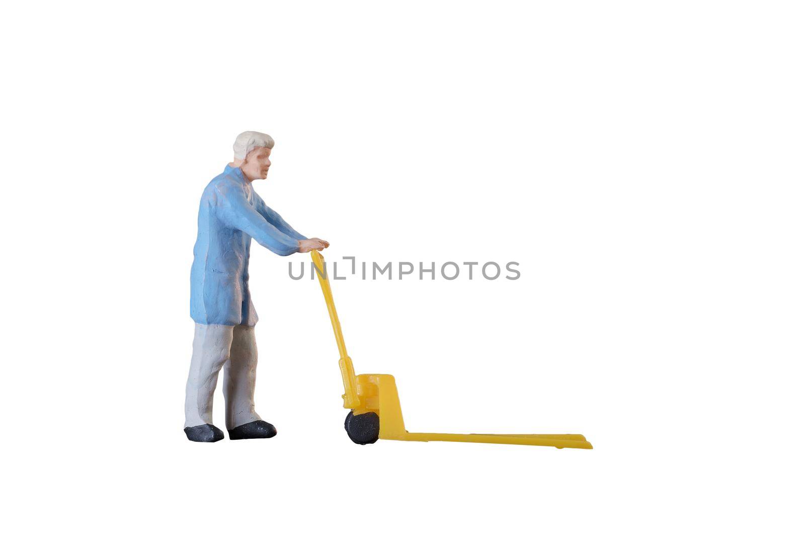 Miniature worker people with lifting tools isolated with clipping paht on white background. Elegant Design with copy space for placement your text, mock up for industrial and logistic concept