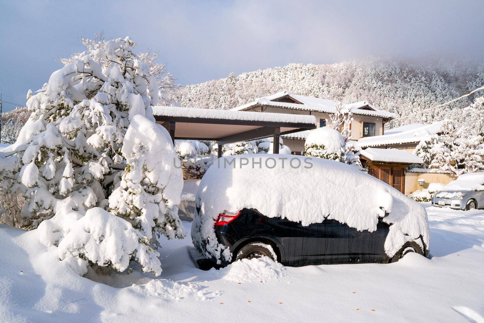 Fresh white snow falling at public park cover road and car in winter season at Kawaguchiko,Japan