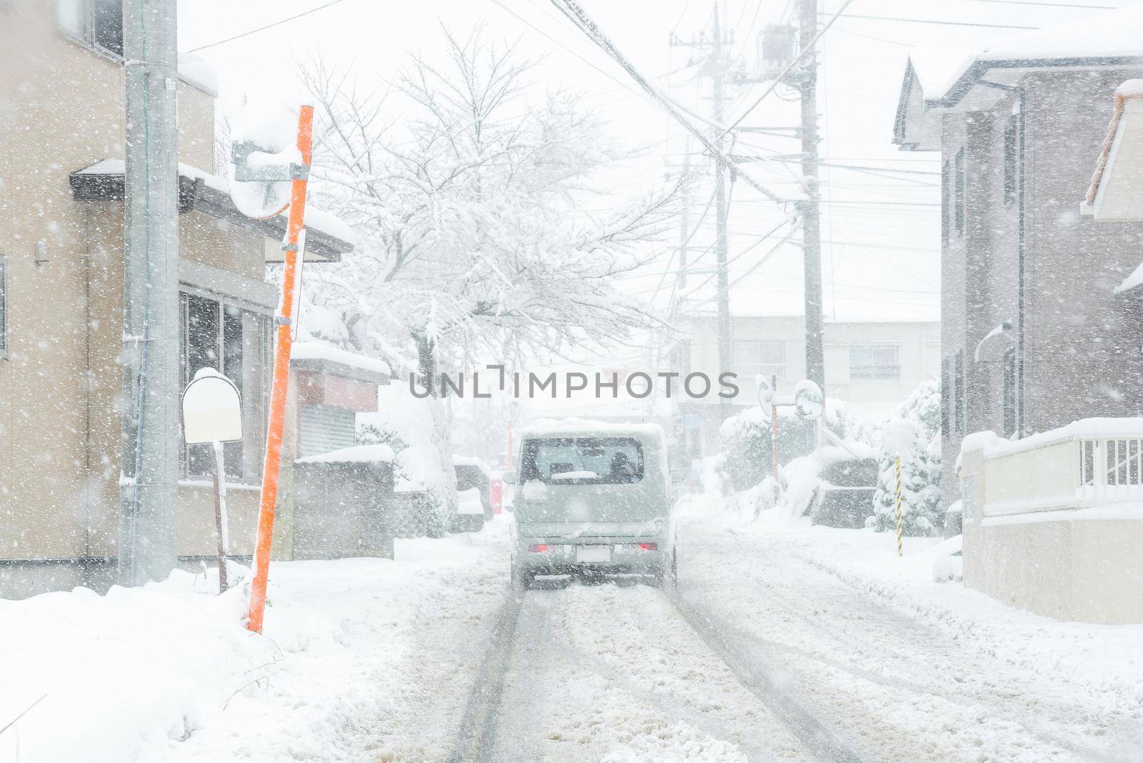 Fresh white snow falling in winter season at Kawaguchiko,Japan