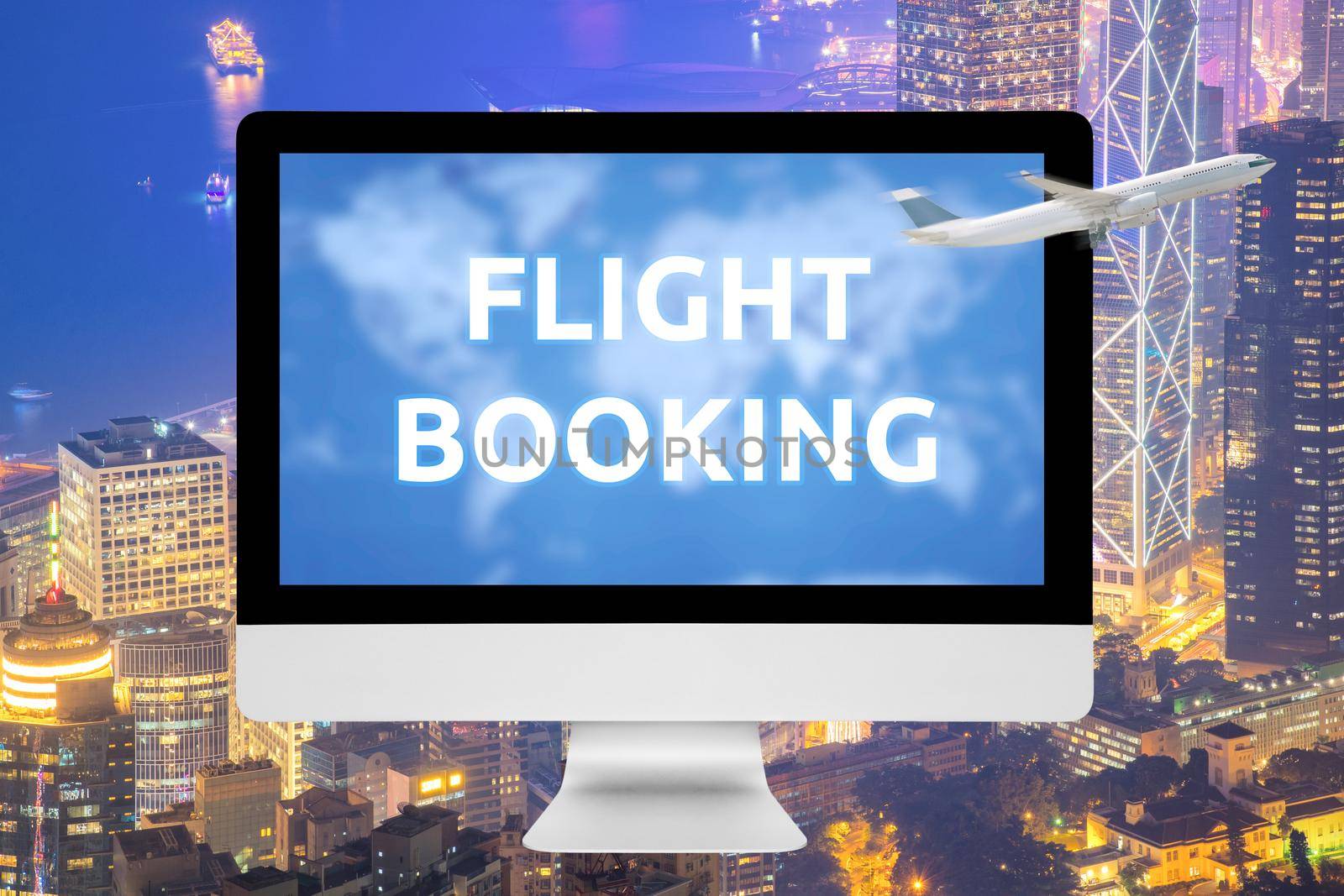 Laptop showing online booking on screen with Commercial airplane flying over big city in background. Elegant Design with copy space for business tansportation and travel concept.