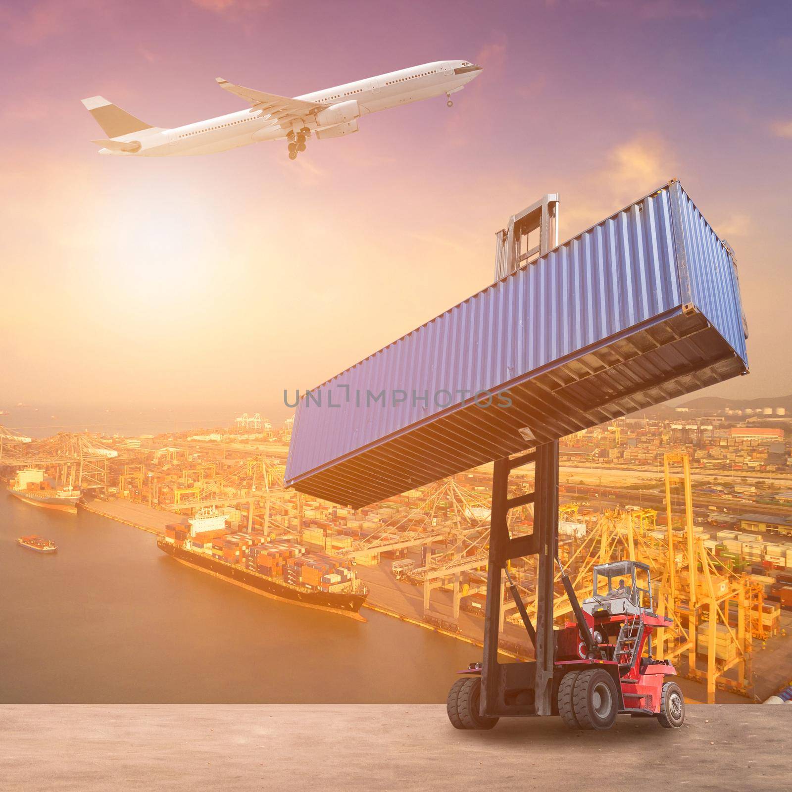 Logistics and transportation of Container Cargo ship, Cargo plane and Forklift truck work in shipping yard. Photo concept for global business containers shipping,Logistic,Import and Export industry. by Nuamfolio