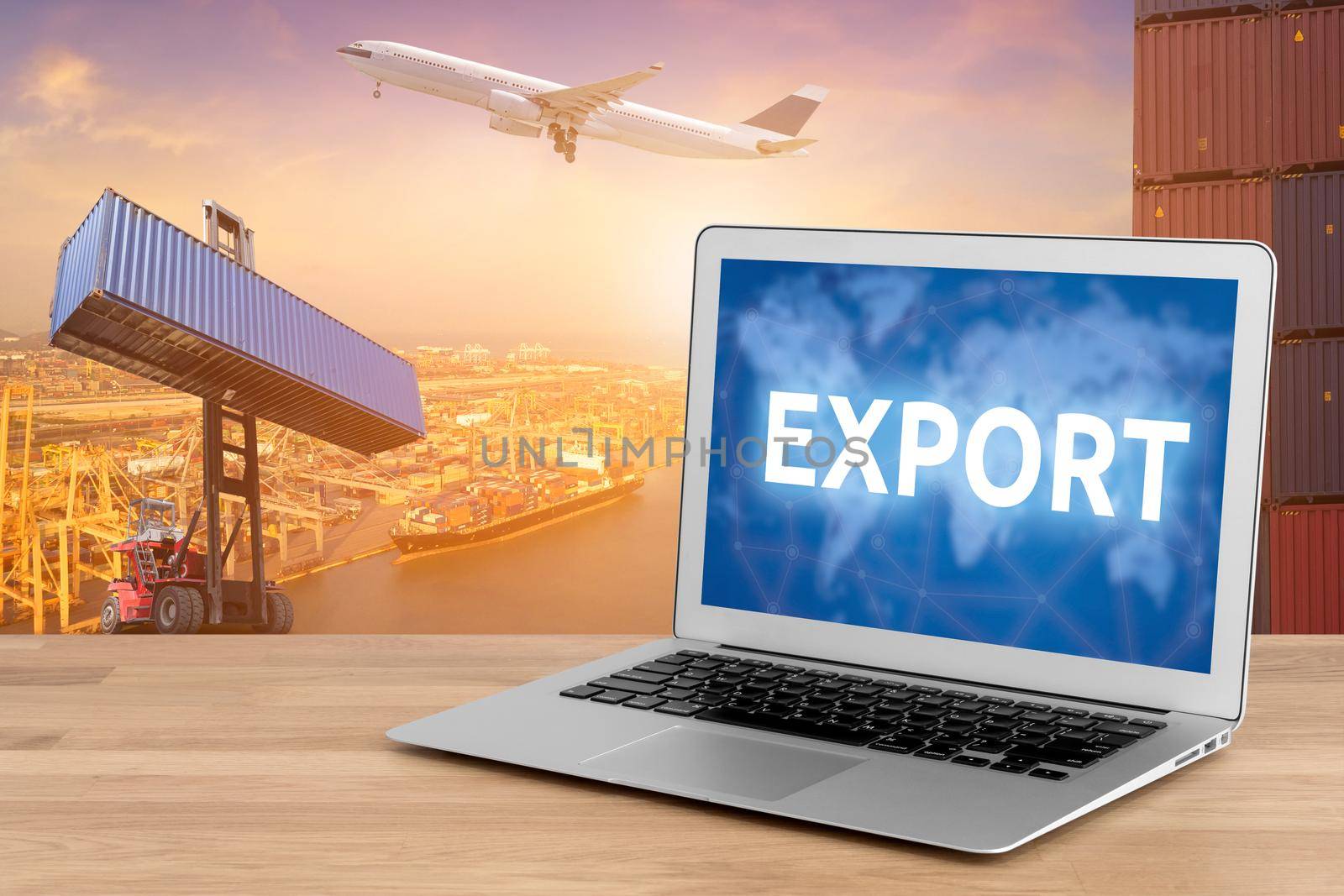 Laptop showing business export and internet of things technology concept for Global business connection to customer for worldwide container cargo shipping with logistic concept background by Nuamfolio