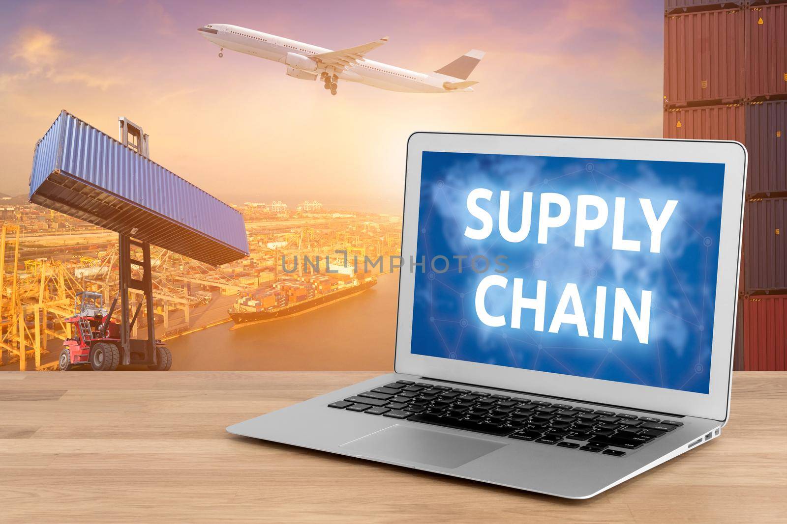 Laptop showing business supply chain and internet of things technology concept for Global business connection to customer for worldwide container cargo shipping with logistic concept background by Nuamfolio