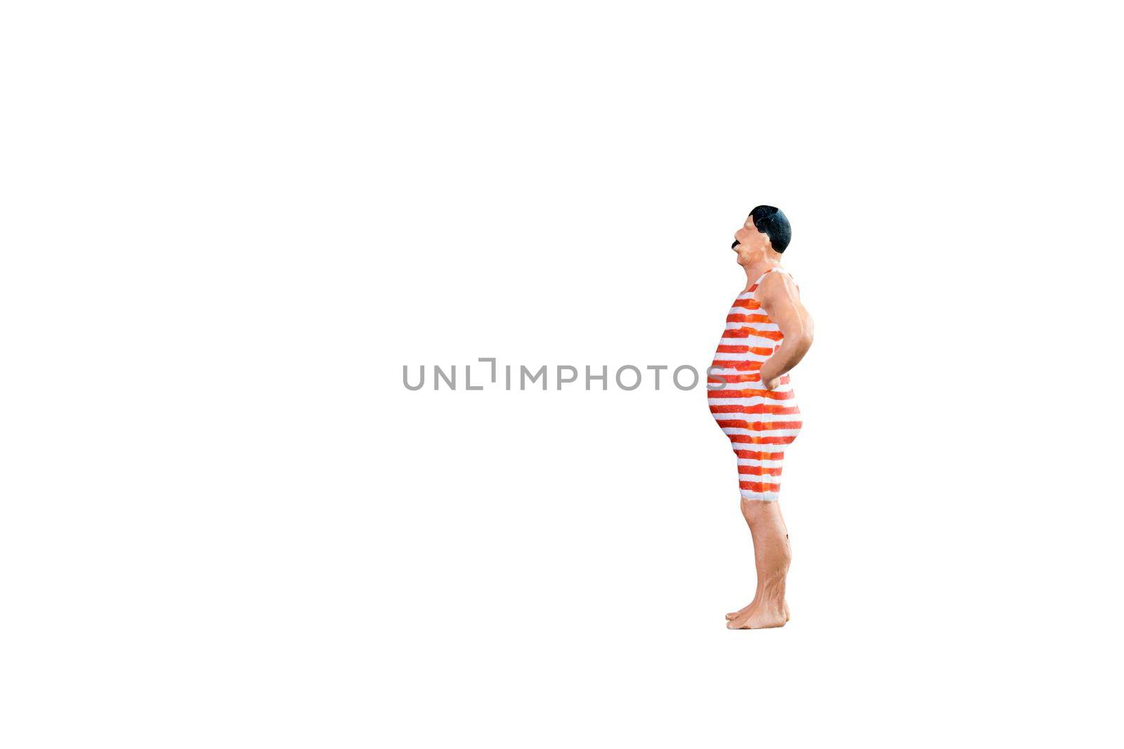 Close up of Miniature fat people isolated with clipping path on white background. Elegant Design with copy space for placement your text, mock up for travel concept by Nuamfolio