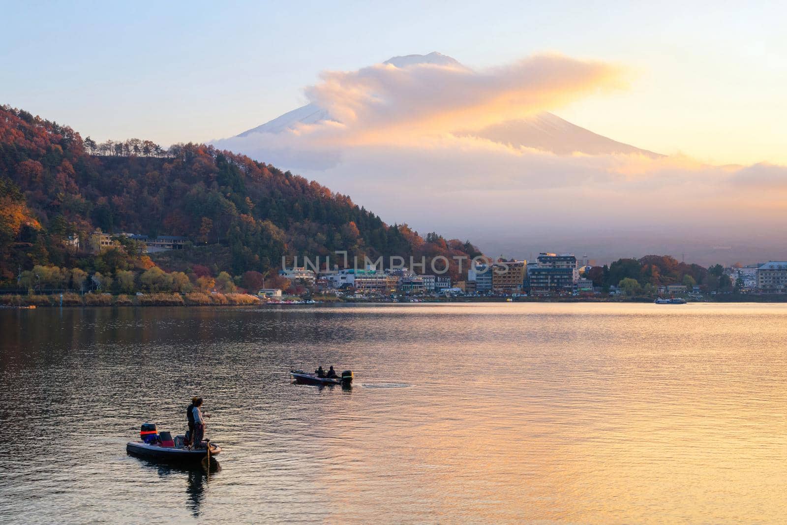 Natural landscape view of Mount Fuji at Kawaguchiko lake during sunset in autumn season at Japan. Mount Fuji is a Special Place of Scenic Beauty and one of Japan's Historic Sites. by Nuamfolio