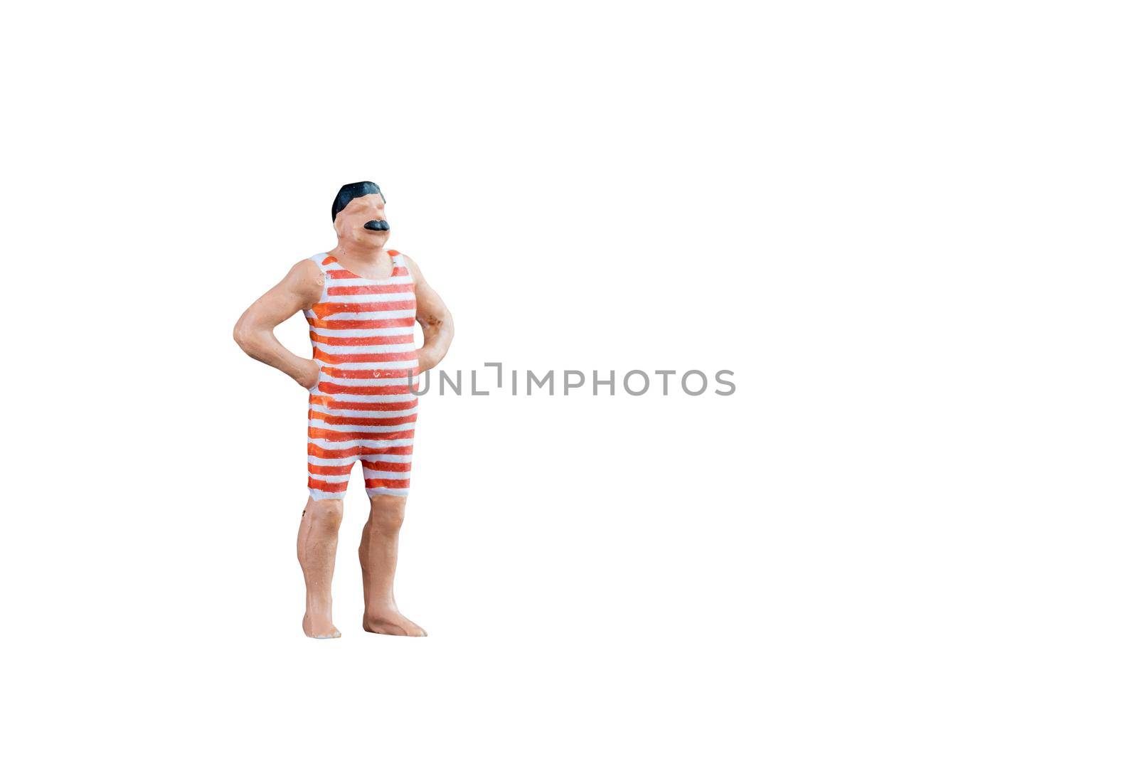 Close up of Miniature fat people isolated with clipping path on white background. Elegant Design with copy space for placement your text, mock up for travel concept