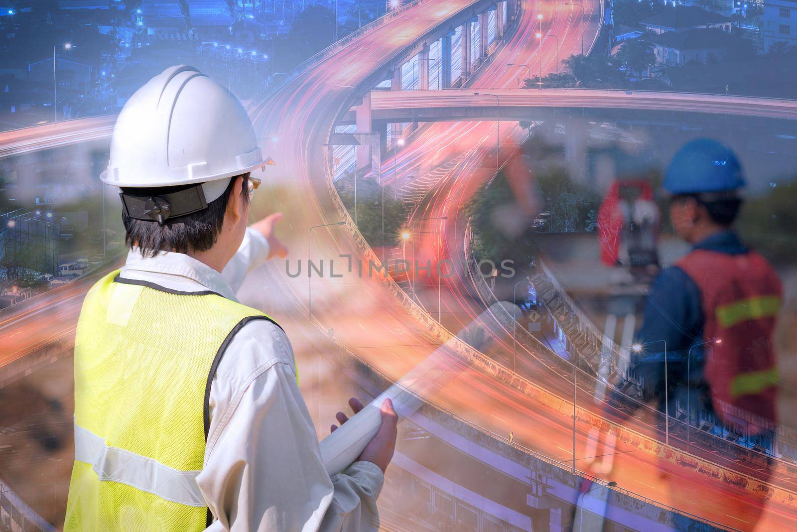 Double exposure construction engineer holding construction drawing with foreman worker checking construction site for new expressway Infrastructure for transportation  project