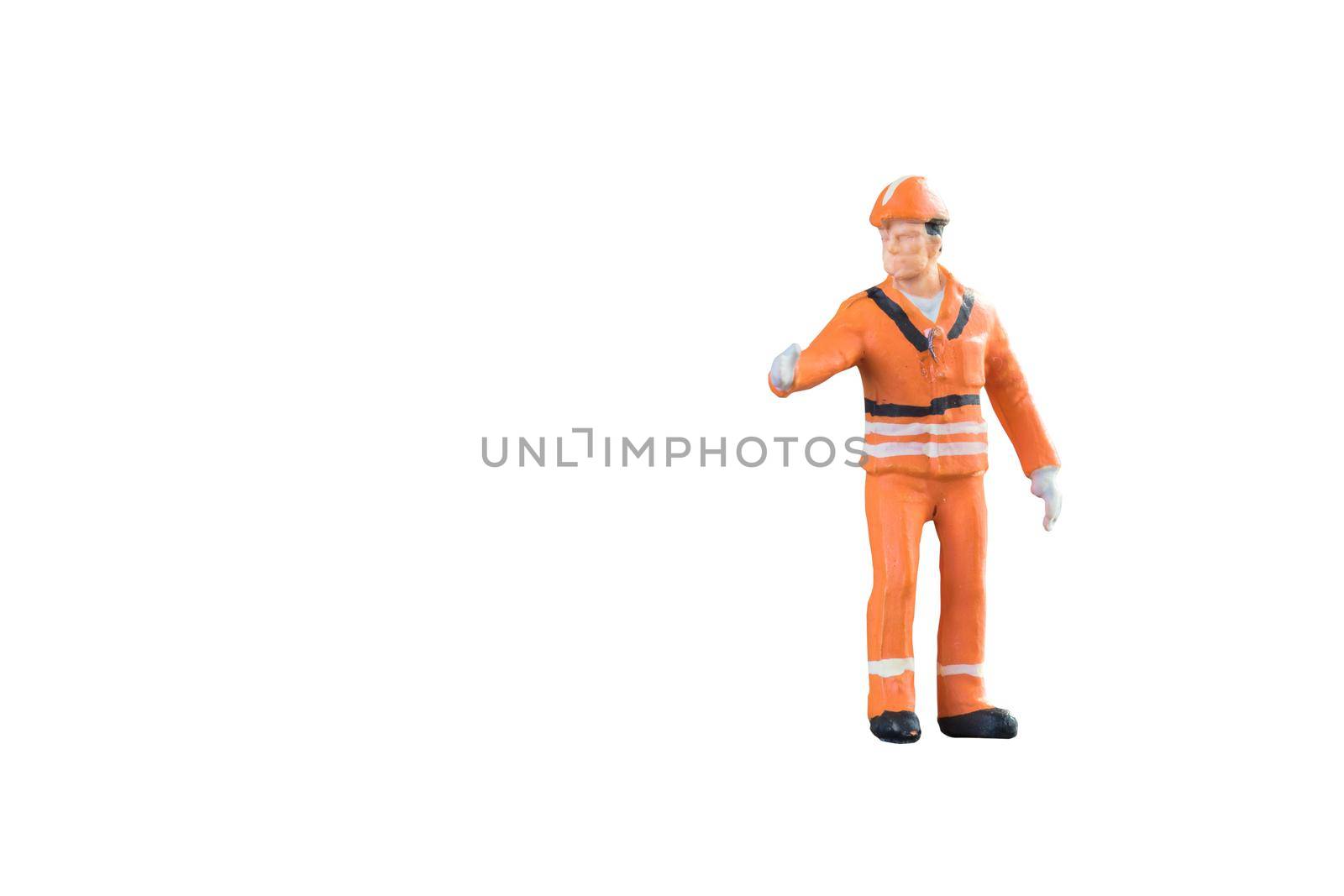 Miniature people engineer and worker occupation isolated with clipping paht on white background. Elegant Design with copy space for placement your text, mock up for industrial and construction concept