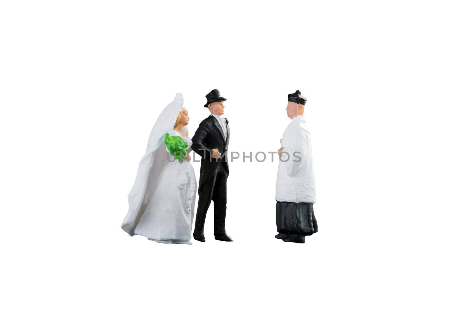 Close up of Miniature people wedding bride and groom couple isolated with clipping path on white background.Elegant Design with copy space for placement your text, mock up for love and wedding concept by Nuamfolio