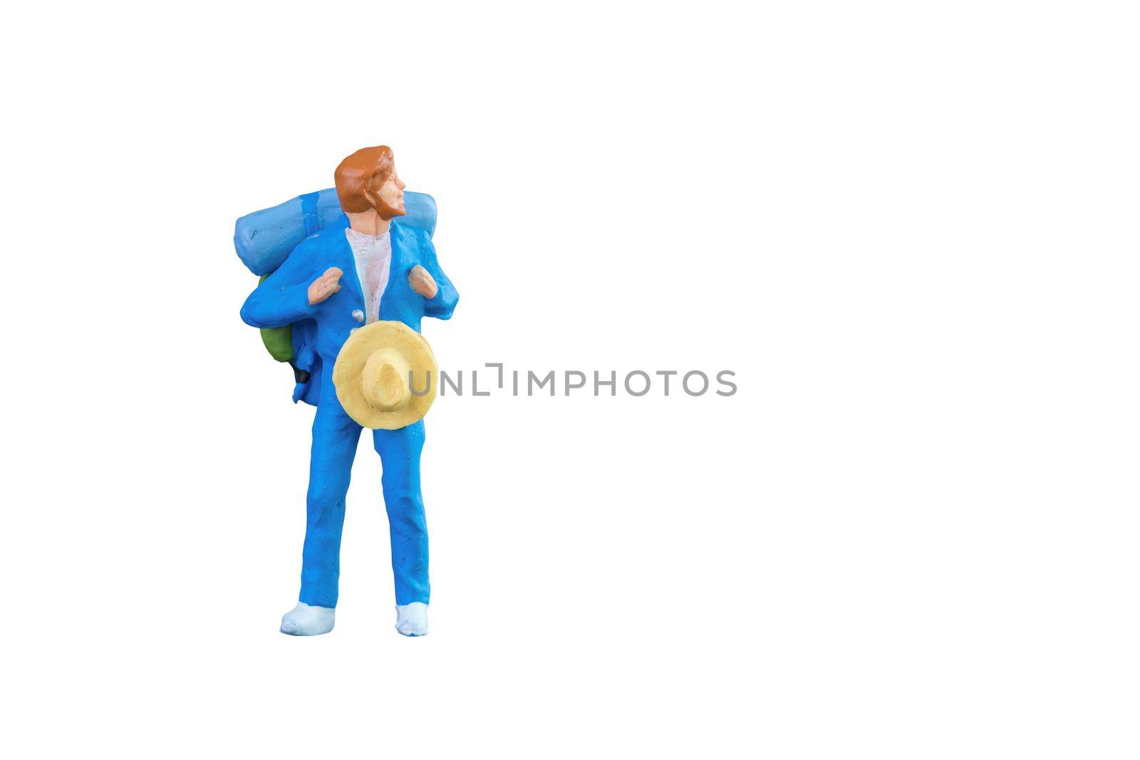 Close up of Miniature backpacker and tourist people isolated with clipping paht on white background.Elegant Design with copy space for placement your text, mock up for travel concept by Nuamfolio